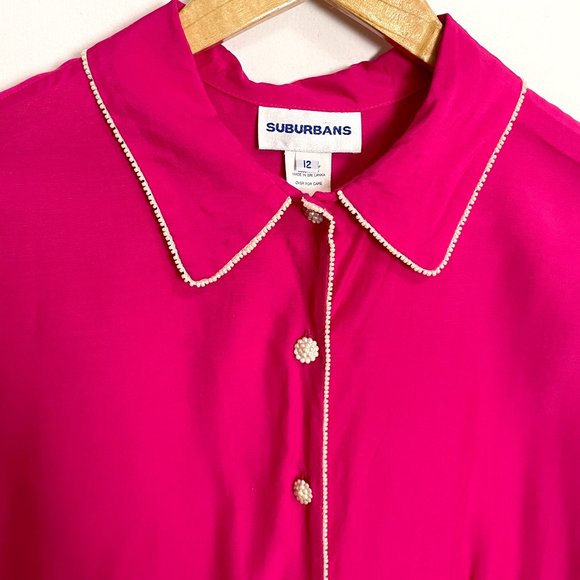 Vintage 80s Fuchsia Blouse by Suburbans – Pearl Cluster Buttons, Beaded Trim - Picture 2 of 8